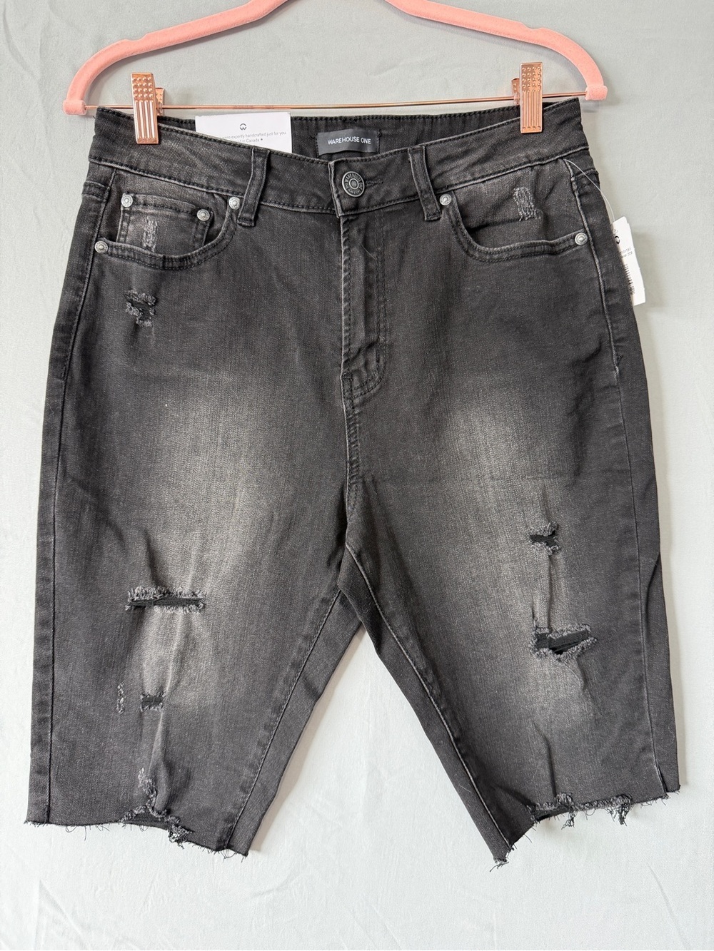 Warehouse One Womens Distressed High Waist Bermuda Denim Shorts Size 12 Black